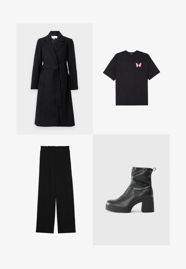 Casaco de lã preto com um design de dupla abotoadura, lapelas recortadas, mangas longas e cintura com cinto. Apresenta bolsos laterais e uma textura suave.; T-shirt de algodão preto com mangas curtas, apresentando um pequeno gráfico de borboleta rosa no lado esquerdo do peito. Design de gola redonda com um corte solto.; Calças largas pretas com um cinto franzido, apresentando dois bolsos laterais e um tecido suave e leve. Sem padrões ou ferragens visíveis.; Botas de tornozelo pretas feitas de couro liso, com fecho lateral, salto grosso texturizado e design de bico arredondado.