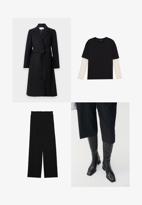 Cappotto di lana nero con un design doppiopetto, rever a scollo a V, maniche lunghe e vita con cintura. Presenta tasche laterali e una texture liscia.; T-shirt nera in cotone con maniche corte sopra un sotto manica lunga bianca, caratterizzata da una sottile texture. Design con scollo rotondo.; Pantaloni neri a gamba larga con cintura arricciata, dotati di due tasche laterali e un tessuto liscio e leggero. Nessun motivo visibile o parti metalliche.; Stivali neri in pelle fino al ginocchio con punta quadrata e tacco a blocco. Caratterizzati da una chiusura laterale con zip e una texture liscia.