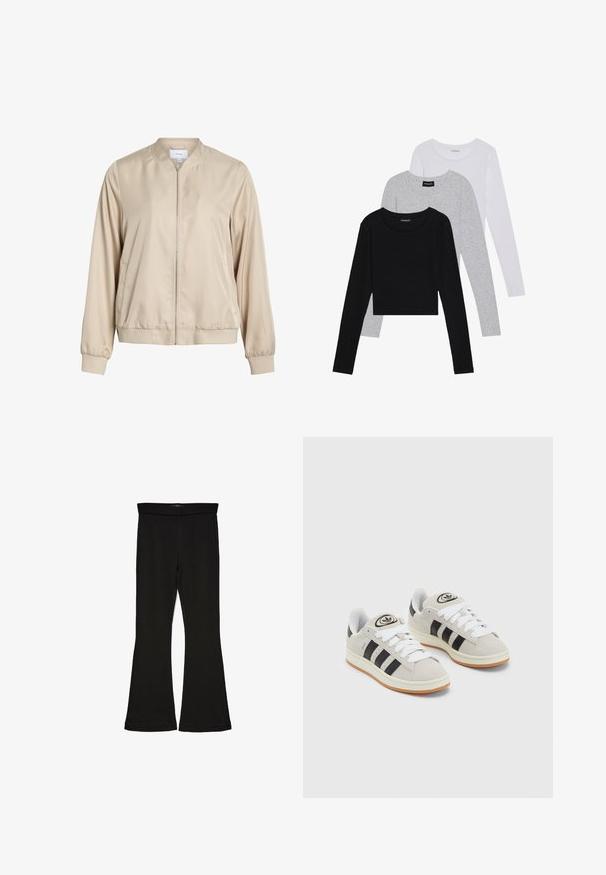 Giacca bomber beige realizzata in tessuto liscio, con colletto rotondo, chiusura a zip frontale e polsini ed orlo elastici. Design semplice senza pattern.; Tre magliette a maniche lunghe impilate: nera, grigia e bianca. Ognuna ha un colletto rotondo e un design accorciato con tessuto morbido e leggero.; Leggings a zampa nera realizzati in un tessuto elasticizzato. Presentano una vita alta e una superficie liscia, con una silhouette aderente che si ampia all'orlo.; Sneakers in suede grigio con lacci bianchi, strisce nere e suola in gomma bianca. Presentano un logo circolare sulla linguetta e una suola in gomma.