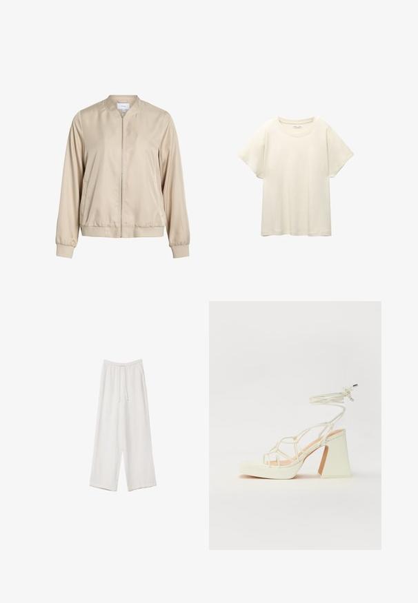 Bež bomber jakna od glatkog materijala, s okruglim izrezom, prednjim zatvaračem i elastičnim manžetama i donjim rubom. Jednostavan dizajn bez uzoraka.; Svijetlo bež majica kratkih rukava s okruglim izrezom, izrađena od meke, glatke tkanine. Karakterizira je opušteni kroj i ravni rub.; Bijele hlače širokih nogavica napravljene od lagane tkanine. Imaju elastičan pojas s ušicom i bočne džepove. Glatka tekstura.; Bijela sandala na visokoj potpetici s debelim petom, s remenom i vezanjem oko gležnja. Glatka tekstura s platformom sprijeda za dodatnu visinu.