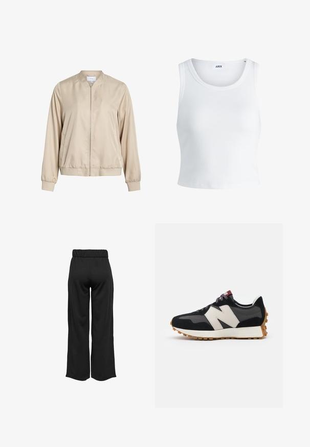 Béžová bomber bunda vyrobená z hladkej látky, s okrúhlym výstrihom, zipsom vpredu a elastickými manžetami a spodným lemom. Jednoduchý dizajn bez vzorov.; Biely rebrovaný tielko s okrúhlym výstrihom, bez rukávov a krátkou dĺžkou. Štítok znie "JJXX." Hladká textúra látky.; Čierne široké nohavice s elastickým pásom, vyrobené z hladkej tkaniny. Majú jednoduchý dizajn, bez vreciek alebo viditeľných švíkov.; Čierne a sivé semišové tenisky s veľkým krémovým logom "N", fialovými šnúrkami a textúrovanou gumovou podrážkou.
