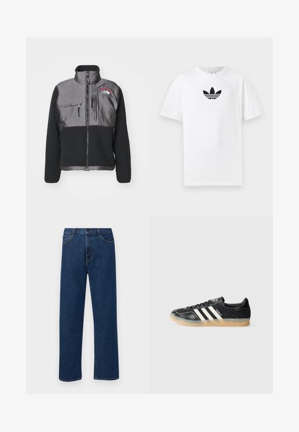 The North Face DENALI czarny; Biała bawełniana koszulka z krótkim rękawem, z czarnym logo Adidas na środku. Klasyczny fason z okrągłym dekoltem. Gładka tekstura.; Granatowe dżinsy prostego kroju z kieszeniami z przodu i zapięciem na guzik, zaprezentowane na jednolitym białym tle.; Czarne sportowe sneakersy z białymi paskami, teksturowana tkanina, gładki skórzany czubek i podeszwa z gumy. Ma logo na języku.