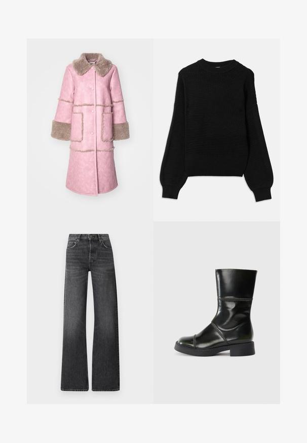 Baum und Pferdgarten DAFNE - Klasisks mētelis - washed lilas; Melnā džemperī ar teksturētu adījumu, ribotu apaļu kakla izgriezumu un pārspīlētiem bumbveida piedurknēm ar gludu apdari.; Melnas džinsus ar augstu jostu un platām kājām. Iekļauj piecas kabatas un viegli izbalinātu tekstūru ar kontrastējošiem dūrieniem.; Melna ādas potīšu zābakus ar noapaļotu purngalu, gludu virsmu, kontrastējošu stiklojumu un kvadrātveida papēdi, izmantojot nedaudz sašaurinātu siluetu.