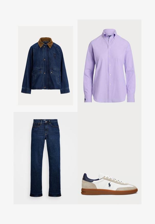 Denim jacket in dark blue with a brown corduroy collar, featuring two front pockets, silver hardware, and a loop detail on the left chest.; Light purple button-up shirt with a classic collar, long sleeves, and a lightweight fabric. Features a subtle embroidered logo on the cuff.; Dark blue denim jeans with a straight-leg cut, featuring five pockets, copper stitching, and a classic button closure.; White and beige sneakers with a suede and leather upper, navy accents, and a brown rubber sole. Features logo on the side and lace-up design.