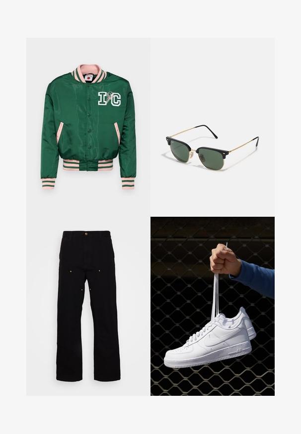 Casaco bomber verde em satin com colarinho, punhos e bainha em rosa canelado. Apresenta um logótipo branco e um gráfico de gelado no lado esquerdo do peito.; Camisola branca de algodão com mangas compridas. Apresenta um decote redondo e um pequeno logótipo azul-marinho no lado esquerdo do peito. Textura lisa, design simples.; Calças de ganga pretas com um design de perna reta, apresentando acabamentos em metal dourado e costura visível nas frontais e traseiras.; Sapatilhas de couro branco com perfurações, biqueira redonda, sola plana e atacadores grossos, apresentando um logotipo swoosh visível e "AIR" no calcanhar.; Óculos de sol com lentes verdes, estrutura superior em plástico preto, detalhes em metal dourado e hastes finas em preto. Apresenta um design de ponte distinto.