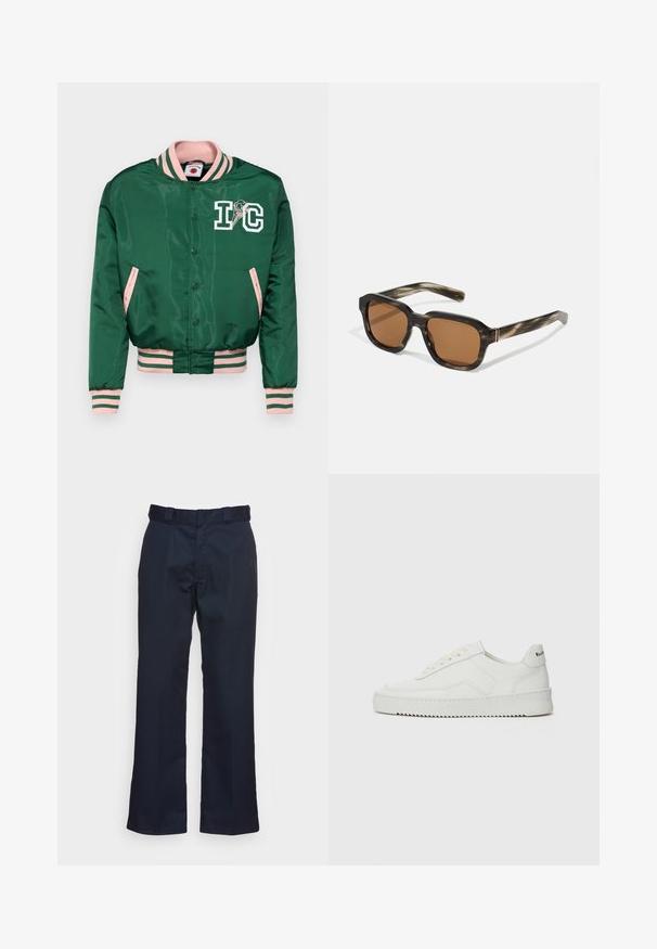 Žalias satino bomber tipo džemperis su rožiniu apykaklės, rankogalių ir apatinio krašto tvirtinimu. Kairėje krūtinės pusėje yra baltas logotipas ir ledų grafika.; Icecream JUMBO RUNNING DOG - Marškinėliai su spaudiniu - black; Tamsiai mėlynos kelnės su tiesiais kojomis, pagamintos iš lygaus audinio, turinčios standartinę liemens juostą ir be matomų raštų ar detalių.; Balti odiniai sportiniai bateliai su lygia apdaila, apvaliu pirštu, plokščiais raišteliais ir tekstūruotu padu. Pasižymi subtiliu logotipu ant kulno.; Plastikiniai saulės akiniai su šelkės raštu, aštuonkampiais rudais lęšiais ir plonais auksiniais akcentais ant rėmo.