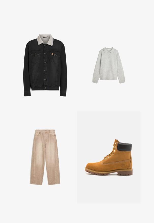 Giubbotto di jeans nero con colletto in sherpa bianco, chiusura frontale a bottoni e due tasche sul petto con patta, mostrato su sfondo bianco.; Pullover grigio a maglia con colletto, tre bottoni frontali e orlo a costine. Il tessuto sembra morbido e strutturato, con una vestibilità rilassata.; Pantaloni a gamba larga in corduroy beige con righe verticali, dotati di tasche frontali, passanti per la cintura e chiusura con zip e bottone.; Stivale alla caviglia in suede tan con collare imbottito nero, occhielli in metallo dorato, dettagli in cucitura bianca e suola in gomma robusta con battistrada pronunciato.