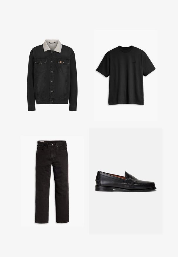Juodas džinsinis švarkas su baltu šerpa apykakle, mygtukų priekiniu uždarymu ir dviem mygtukais uždaromais krūtinės kišenėmis, pademonstruotas baltoje fone.; Juodas medvilnės marškinėliai su apvaliu kaklu ir trumpomis rankovėmis. Su subtiliu priekyje esančiu logotipu ir tiesia apatine dalimi. Paprastas ir minimalistiškas dizainas.; Juodos tiesios kojų džinsinės kelnės su penkiomis kišenėmis, mygtuko užsegimu ir diržo kilpomis, išdėstytos plokščiai ant balto fono.; Juodi odiniai mokasinai su lygiu paviršiumi, apvalia nosimi ir dekoratyvine juostele viršutinėje dalyje. Turi žemą juodą pado dalį.