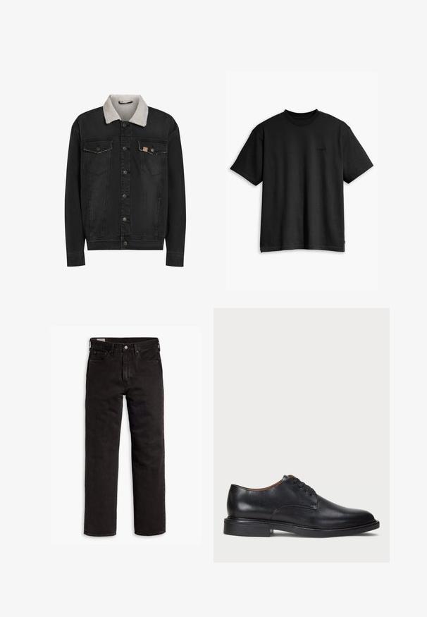 Sort denimjakke med hvid sherpa-krave, knaplukning foran og to brystlommer med klap, vist på hvid baggrund.; Sort bomulds T-shirt med runde halsudskæring og korte ærmer. Har et diskret frontlogo og en lige kant. Enkel og minimalistisk design.; Sorte lige bukser i denim med fem lommer, knaplukning og bæltestropper, lagt fladt ud på en hvid baggrund.; Sorte læder dress sko med rund tå, snørelukning og en lav stablet hæl. Glat tekstur med minimale syningsdetaljer.