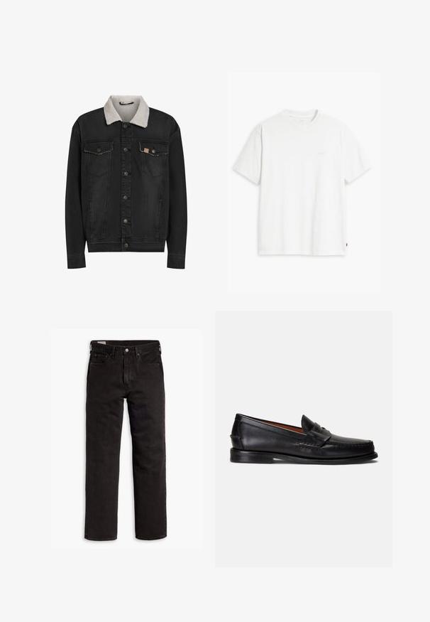 Schwarze Jeansjacke mit weißen Sherpa-Kragen, Knopfverschluss vorne und zwei Knopf-Flap-Brusttaschen, vor weißem Hintergrund dargestellt.; Weißes Baumwoll-T-Shirt mit kurzen Ärmeln, rundem Ausschnitt und einem dezenten "Levi's"-Logo in heller Farbe auf der Vorderseite.; Schwarze gerade Jeans aus Denim mit fünf Taschen, Knopfverschluss und Gürtelschlaufen, flach auf einem weißen Hintergrund ausgelegt.; Schwarze Lederloafer mit glatter Oberfläche, abgerundetem Zehenbereich und dekorativem Riemen über dem Spann. Verfügt über eine flache schwarze Sohle.
