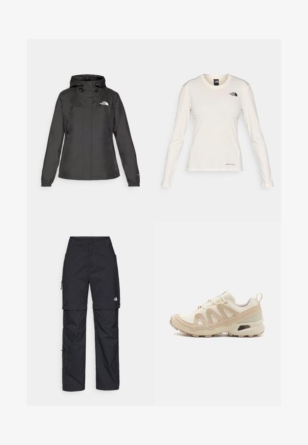 Musta vesitiivis takki, jossa on istuva muotoilu, säädettävä nyöripäällinen ja elastiset hihansuut. Vasemmassa rinnassa logo ja sileä pinta.; The North Face SHADOW LONG SLEEVE - Pitkähihainen paita - white dune; Mustat nailonista valmistetut irrotettavat cargo-housut säädettävillä lahkeilla, useilla taskuilla ja logolla oikeassa jalassa. Liukas, kevyt rakenne.; Beige ja kreemi värvi sportlikud jalanõud, millel on tekstiilne mesh ülemine osa, toetavad ülekatted ja kummist tald, millel on mustripattern haardeks.