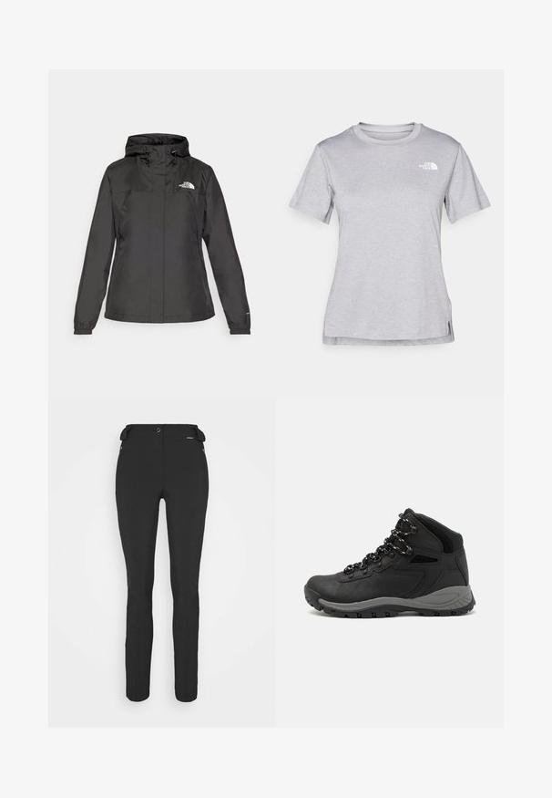 Jachetă impermeabilă neagră cu un design ajustat, glugă cu șnur reglabil și manșete elastice. Prezintă logo pe pieptul stâng și o textură netedă.; Tricou scurt cu mânecă gri, fabricat dintr-un material moale, care absoarbe umezeala. Are un guler rotund și un mic logo alb în partea stângă sus.; Pantaloni negri, ajustați, confecționați dintr-un material flexibil. Caracteristici includ un buzunar cu fermoar pe lateral, genunchi articulați și o textură netedă.; Botă de drumeție neagră cu un design mediu, având un material texturat, accente gri și o talpă din cauciuc durabilă cu crampoane pentru aderență.