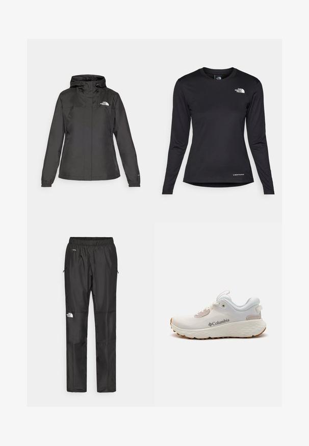 Veste imperméable noire au design ajusté, capuche avec cordon de serrage réglable et poignets élastiques. Logo sur la poitrine gauche et texture lisse.; The North Face SHADOW LONG SLEEVE - T-shirt à manches longues - black; Pantalons noirs imperméables en tissu léger, dotés d'une taille élastique, de poches latérales et d'un logo sur la jambe gauche.; Chaussure de sport Columbia légère en mesh blanc avec une semelle texturée grise et une traction en caoutchouc. Dotée d'un collier rembourré et d'un design à lacets.