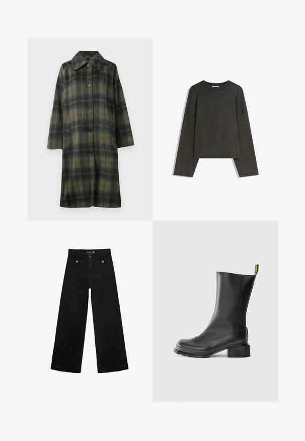 Green plaid coat with a notched collar, five black buttons, and a mid-length design. Made of textured fabric with horizontal stripes.; Dark grey long-sleeve top made of cotton-blend fabric. Boxy shape with a round neckline and dropped shoulders, featuring visible stitching.; Black wide-leg jeans with a high waist, featuring two front pockets and metal button accents. The fabric has a smooth texture.; Black leather ankle boot with a block heel, smooth texture, rounded toe, and a heel tab featuring yellow branding.