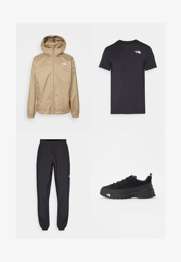 Beige Kapuzenjacke mit einem Frontreißverschluss, elastischen Bündchen und gesticktem Logo auf der linken Brust. Glattes, leichtes Material.; Schwarzes T-Shirt mit kurzen Ärmeln aus weichem Stoff, das ein kleines weißes Logo oben links trägt. Klassisches Rundhalsdesign mit normaler Passform.; Schwarze Sporthosen aus leichtem Stoff, mit einem Kordelzugbund, seitlichen Taschen und schmal zulaufenden Bündchen an den Knöcheln.; Schwarzer Outdoorsneaker mit einem Obermaterial aus Wildleder, strukturierter Gummisohle und robustem Schnürsystem. Verfügt über eine verstärkte Ferse und das Markenlogo an der Seite.