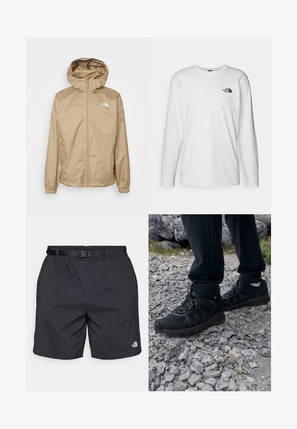 Cazadora capucha beige con cremallera frontal, puños elásticos y logotipo bordado en el lado izquierdo del pecho. Material suave y ligero.; Camiseta de manga larga blanca de algodón con cuello redondo. Presenta un pequeño logotipo negro en el pecho. Textura suave, corte regular.; Pantalones cortos ligeros negros con un ajuste relajado, que cuentan con un cinturón ajustable, bolsillos laterales y el logo de The North Face en la parte inferior de la pierna derecha.; Zapatos exteriores negros con malla y material sintético, que presentan un upper texturizado, un sistema de cordones seguro y una suela robusta, sobre terreno rocoso.
