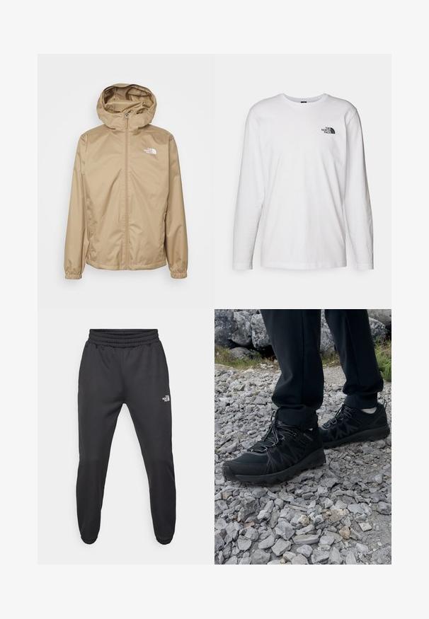 Beige hættejakke med frontlynlås, elastiske manchetter og broderet logo på venstre bryst. Glat, let materiale.; Hvid langærmet T-shirt lavet af bomuld med rund hals. Har et lille sort logo på brystet. Glat tekstur, almindelig pasform.; Sorte sweatpants med snor i livet, tætsiddende pasform, elastiske manchetter og et lille hvidt logo på venstre lår, lavet af glat stof.; Sorte udendørssko med mesh og syntetisk materiale, med en tekstureret overdel, sikre snørebånd og en robust ydersål, på klippelandskab.