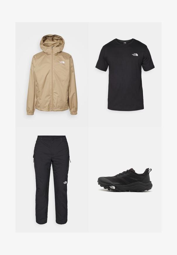 Beige kapucnis dzseki elülső cipzárral, elasztikus mandzsettákkal és hímezett logóval a bal mellrészen. Simató, könnyű anyag.; Fekete rövidujjú pamut póló, kerek nyakkivágással, a bal felső mellkason egy kis fehér logóval.; The North Face WINTER EXPLORATION TAPERED CARGO - Szabadtéri nadrágok - black; Fekete terepfutó cipő, textúrált felső résszel, gumitalppal és megerősített lábujjrészével. Párnázott bokarésszel és húzófüllel rendelkezik a könnyű felhúzáshoz.