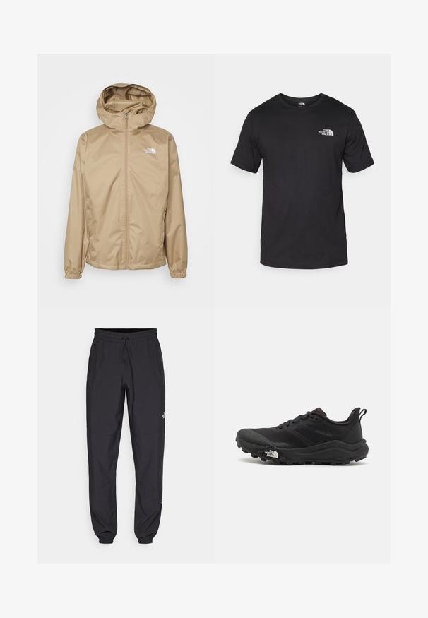 Beige hooded jacket with a front zipper, elastic cuffs, and embroidered logo on the left chest. Smooth, lightweight material.; Black short-sleeve t-shirt made of cotton, featuring a round neckline and a small white logo on the upper left chest area.; Black athletic pants made from lightweight fabric, featuring a drawstring waistband, side pockets, and tapered cuffs at the ankles.; Black trail running shoe with a textured upper, rubber sole, and reinforced toe cap. Features a padded collar and pull tab for easy wear.