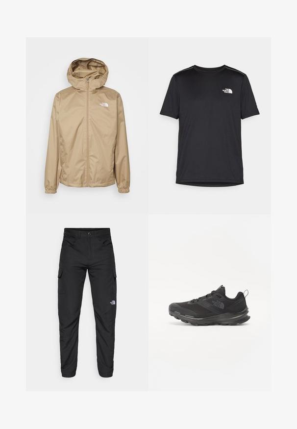 Beige hooded jacket with a front zipper, elastic cuffs, and embroidered logo on the left chest. Smooth, lightweight material.; Black short-sleeve T-shirt made from lightweight fabric. Features a small white logo on the left chest and subtle shoulder accents.; The North Face HORIZON PANT - Outdoor trousers - black; Black athletic shoe with mesh upper, rubber outsole, and padded collar. Features laces, logo on the side, and a textured design.