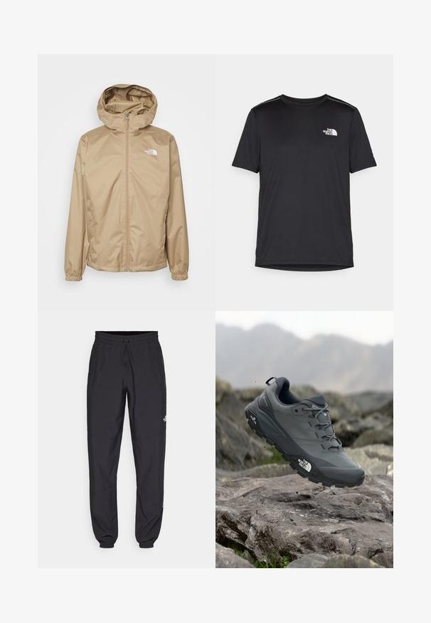 Bēšas krāsas kapuces jaka ar priekšējo rāvējslēdzēju, elastīgām aprocēm un izšūtu logo kreisajā krūtī. Gluds, viegls materiāls.; Melnas īsām piedurknēm T-kreklas, izgatavots no viegla auduma. Uz kreisā krūtīm ir neliels balts logo un smalki plecu akcenti.; Melni sporta bikses, kas izgatavotas no viegla auduma, ar savelcamu jostu, sānu kabatām un sašaurinātiem apakšējiem galiem pie potītēm.; Pelēki skrējēju apavi ar teksturētu virsu, izturīgu gumijas zoli un pastiprinātu pirkstu daļu. Iekļauj šņores un zīmola logo sānos.