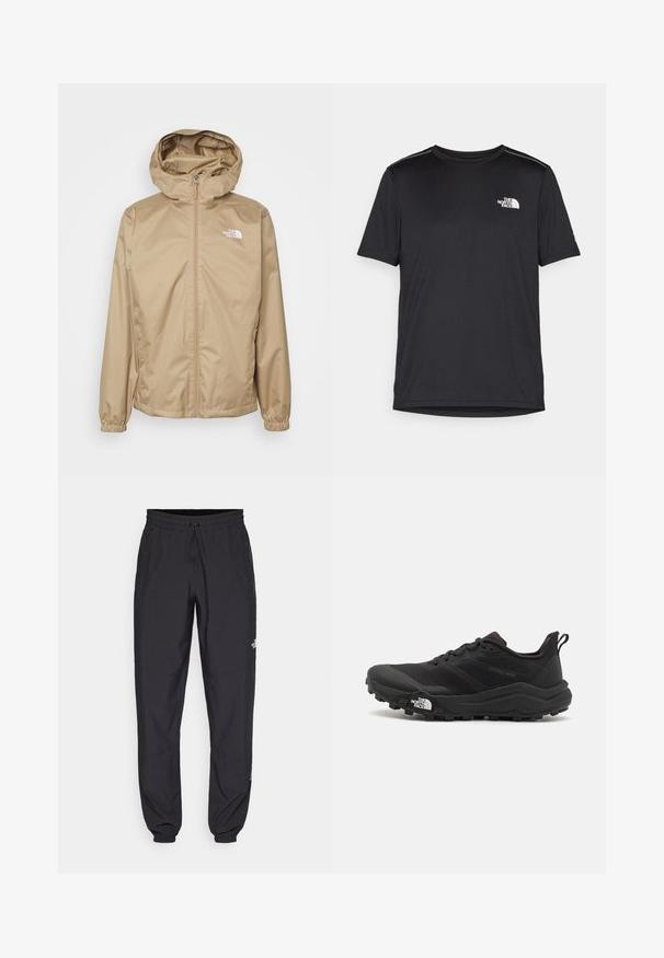 Šviesiai rudos spalvos kuprinė su priekiniais užtrauktukais, elastinėmis rankovėmis ir išsiuvinėtu logotipu kairėje krūtinės pusėje. Sklandus, lengvas audinys.; Juodas trumpas rankovės marškinėliai, pagaminti iš lengvos medžiagos. Yra mažas baltas logotipas kairiajame krūtinės pusėje ir subtilūs pečių akcentai.; Juodos sportinės kelnės, pagamintos iš lengvos medžiagos, su raišteliu liemens srityje, šoniniais kišenėmis ir siaurėjantys apykaklės prie kulkšnies.; Juoda bėgimo batai su tekstūruotu paviršiumi, guma padais ir sustiprinta pirštų dalimi. Yra paminkštinta apykaklė ir kilpos, leidžiančios lengvai užsidėti.