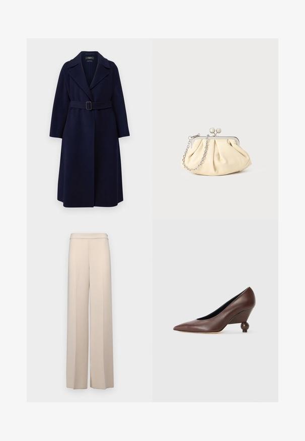 WEEKEND MaxMara MANU - Klassischer Mantel - blu; Hellbeige Pullover aus weichem Strickstoff. Mit Rundhalsausschnitt, langen Ärmeln und gerippten Bündchen sowie Saum im Raglan-Schnitt.; Beige weit geschnittene Hose aus glattem Stoff, mit hoher Taille und dezenten Vorderfalten. Keine Taschen oder sichtbare Hardware-Details.; Braune Leder-Wedge-Pumpe mit spitzem Zeh und runder, ballförmiger Ferse. Glatte Textur mit einem schlichten Design und minimalen Akzenten.; Faltige beigefarbene Ledertasche mit einem silbernen Metallrahmen, ausgestattet mit zwei runden dekorativen Verschlüssen und einem silbernen Kettenriemen.