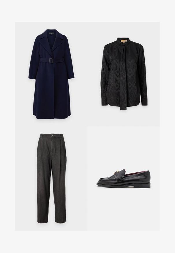 WEEKEND MaxMara MANU - Palton clasic - blu; Bluză neagră dintr-un material neted, având un model ton pe ton subtil, mâneci lungi, guler înalt și închidere cu fundă la gât.; Pantaloni din denim gri închis cu talie înaltă, pliuri în față, picioare drepte și o închidere cu un singur nasture la talie.; Mocasini din piele neagră cu un model cusut, textură netedă, detaliu cu cataramă aurie și vârf rotund, așezați pe o talpă joasă neagră.