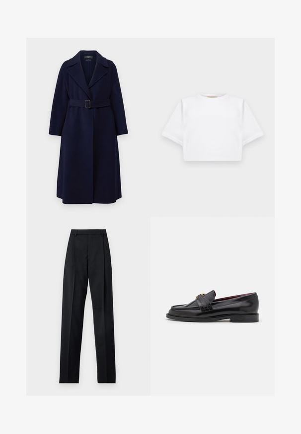 WEEKEND MaxMara MANU - Cappotto classico - blu; T-shirt bianca cropped realizzata in tessuto morbido, con maniche corte, scollo rotondo e dettagli a costine sull'orlo. Design semplice e senza fronzoli.; Pantaloni neri realizzati in tessuto morbido, caratterizzati da vita alta, gambe larghe, pince frontali e classiche passanti per cintura. Non ci sono tasche laterali visibili.; Mocassini neri in pelle con un motivo cucito, texture liscia, dettaglio con fibbia dorata e punta arrotondata, posizionati su una suola bassa nera.