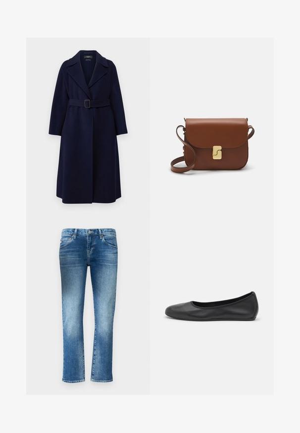 Weekend Max Mara MANU - Klassinen takki - blu; Valkoinen lyhythihainen t-paita, joka on valmistettu ribbytedusta kankaasta. Pyöreä pääntiie, normaali istuvuus ja hienovaraiset ompeluyksityiskohdat. Ei kuvioita tai grafiikkaa.; Vaaleansiniset farkut suoran lahkeen muotoilulla, hienovaraisella haalistuella ja keskipitkällä vyötäröllä. Varusteena viisi taskua ja vyölenkit.; Musta nahkainen ballerina, jossa on pyöristetty kärki, sileä pinta, minimaalinen ommelkoristelu ja joustava pohjamuotoilu.; Ruskea nahkainen käsilaukku, jossa on läppäkiinnitys, kultasävyiset yksityiskohdat, olkahihna ja sileä pinta. Kompaktin suorakaiteen muotoinen.