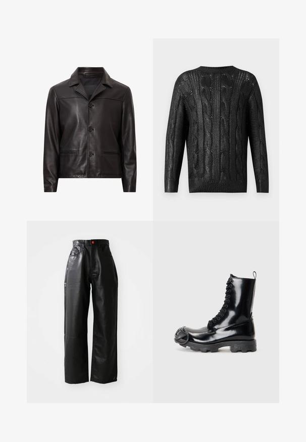 Black leather jacket with a collar, front button closure, and two side pockets. Smooth texture and tailored design with a modern fit.; Black knitted sweater with cable pattern, long sleeves, and crew neckline, shown from the back on a plain background.; Black faux leather wide-leg pants with a high waist, visible pockets, and a red button accent, featuring a smooth, shiny texture.; Black patent leather combat boot with a glossy finish, lace-up design, thick rubber sole, and distinctive front hardware detail.