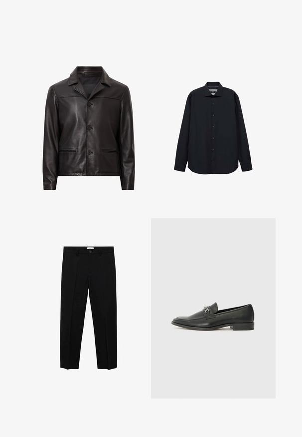 Črna usnjena jakna s ovratnikom, sprednjim gumbom in dvema stranskima žepoma. Gladka tekstura in prirejen dizajn z modernim krojem.; Črna dolga majica z dolgimi rokavi, izdelana iz gladkega materiala. Ima gumbasto zapiranje spredaj, ovratnik in sproščen kroj z zaobljenim robom.; Črne krojene hlače ravnega kroja z enim gumbom, z zankami za pas in sprednjimi naborki. Narejene iz gladkega materiala.; Črni usnjeni loafer z gladko površino, ki ima šivano zasnovo in dekorativni kovinski verižni naglas preko vampirja. Ravno peto.