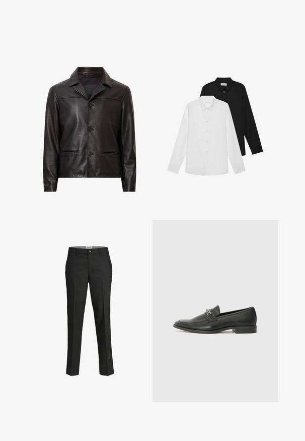 Veste en cuir noir avec col, fermeture à boutons sur le devant et deux poches latérales. Texture lisse et design ajusté avec une coupe moderne.; Chemises à manches longues blanches et noires avec des cols pointus, des boutons à l'avant et une texture de tissu lisse. Étiquettes visibles à l'intérieur du col.; Pantalon noir, coupe ajustée, tissu lisse, taille mi-haute, fermeture à bouton à l'avant, poches en biais, et détails de pli sur les jambes.; Mocassin en cuir noir avec une finition lisse, présentant un design cousu et une accent décoratif en chaîne métallique sur le rand. Talon plat.
