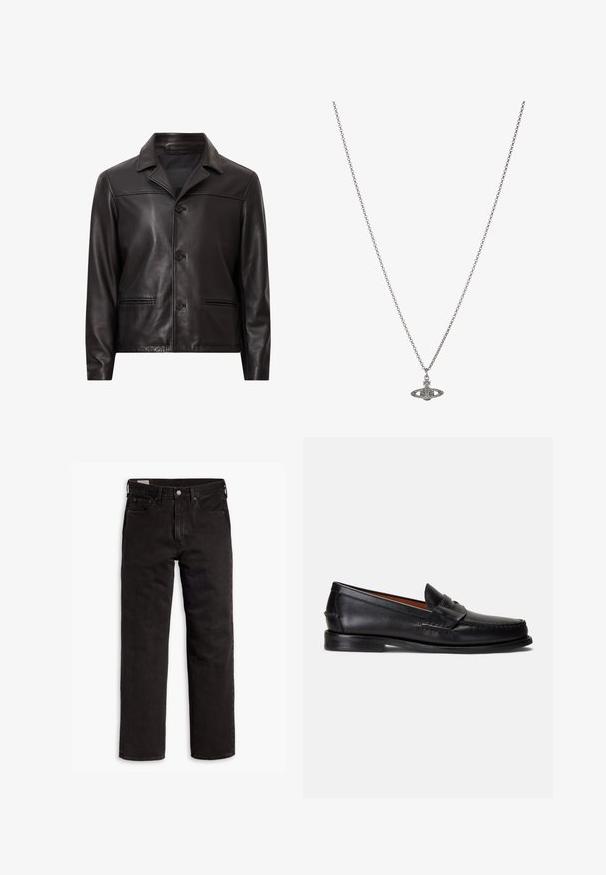 Czarna skórzana kurtka z kołnierzem, z przodu zapinana na guziki i z dwoma bocznymi kieszeniami. Gładka tekstura i dopasowany krój z nowoczesnym zestawieniem.; Czarna bawełniana koszulka z okrągłym dekoltem i krótkimi rękawami. Posiada subtelne logo z przodu oraz prostą linię hemu. Prosty i minimalistyczny design.; Czarne dżinsy proste z pięcioma kieszeniami, zapięciem na guzik i paskiem, rozłożone na białym tle.; Czarne skórzane mokasyny z gładkim wykończeniem, zaokrąglonym noskiem i ozdobnym paskiem na cholewce. Posiadają niską czarną podeszwę.; Srebrny naszyjnik z łańcuchem z ozdobnym wisiorkiem w kształcie planety, zdobionym małymi akcentami i skomplikowanymi wzorami.