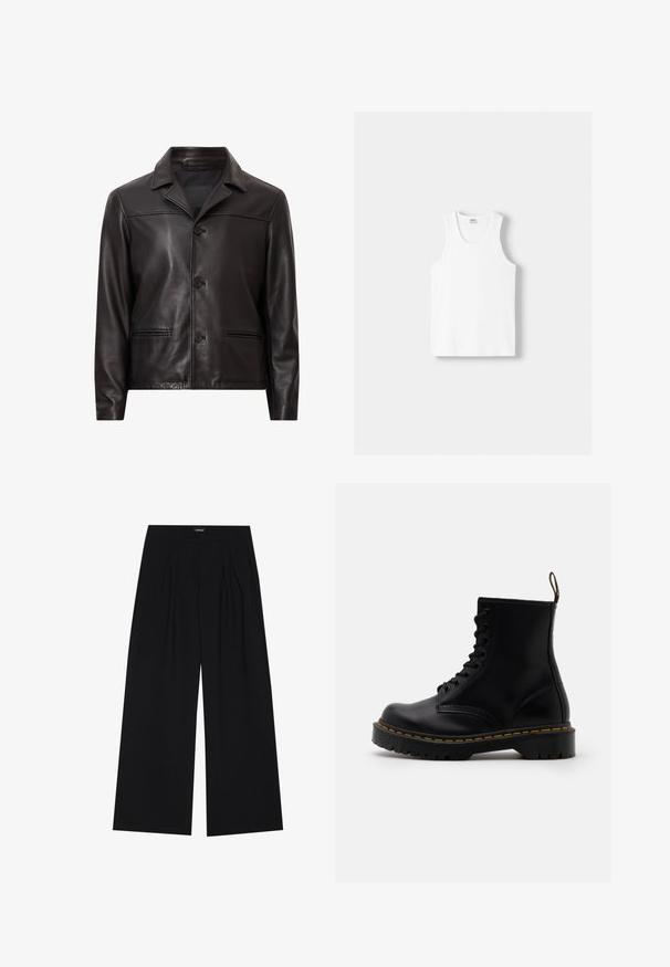 Sort læderjakke med krave, frontlukning med knapper og to sidelommer. Glat tekstur og skræddersyet design med moderne pasform.; Hvid bomulds tanktop med rund halsudskæring, brede skulderstropper og lige kant, der har en glat tekstur og uden synlige mønstre.; YOURTURN UNISEX - Bukser - black; Sorte læder ankelstøvler med snørebånd foran, gul syning, en rund tå og en tyk, tekstureret gummisål.