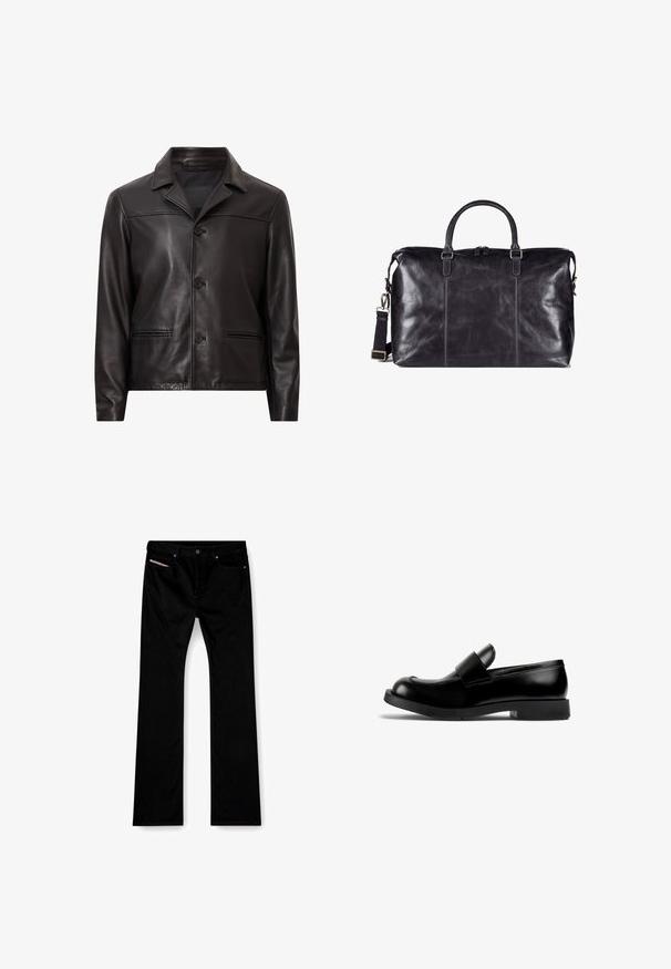 Sort læderjakke med krave, frontlukning med knapper og to sidelommer. Glat tekstur og skræddersyet design med moderne pasform.; Sort kortærmet T-shirt med rund hals i glat materiale, udstyret med stikninger og et lille logomærke nær kanten.; Sorte straight-leg jeans med frontknap og lynlås, for- og baglommer samt en hvid etiket synlig i den højre forlomme.; Sort læderloafer med rund tå, flad gummisål og fremtrædende stropdetalje over vristen. Glat tekstur, minimalistisk design.; Sort læder rejsetaske med dobbelte håndtag, justerbar skulderrem og subtile syninger. Glat overflade og lynlåslukning.