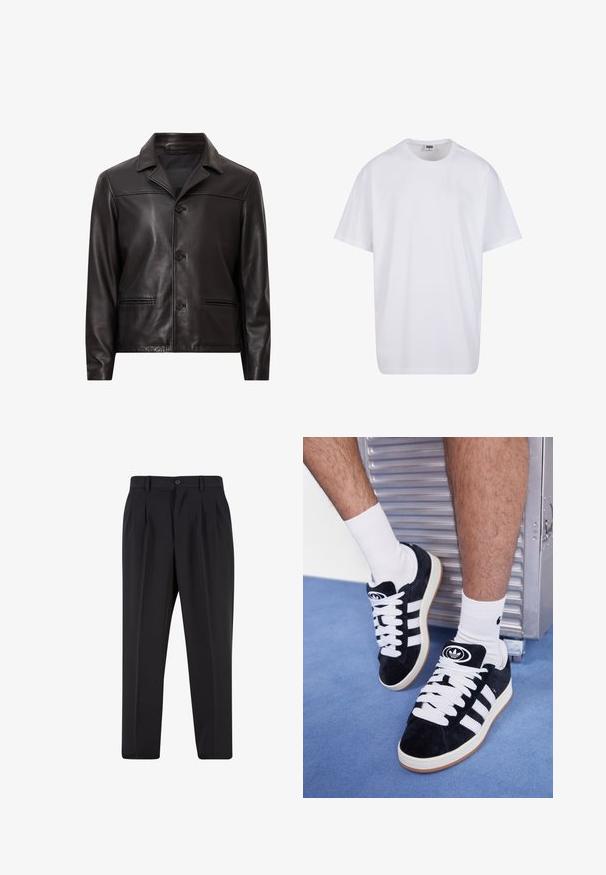 Black leather jacket with a collar, front button closure, and two side pockets. Smooth texture and tailored design with a modern fit.; White cotton t-shirt with short sleeves, rounded neckline, relaxed fit, and no visible logos or patterns. Smooth texture and minimal design.; Black trousers with a pleated front design, made from smooth fabric. Features a button closure and belt loops; straight-leg fit.; Black suede sneakers with white laces and three white stripes. Features a circular black logo on the tongue and a gum rubber sole.