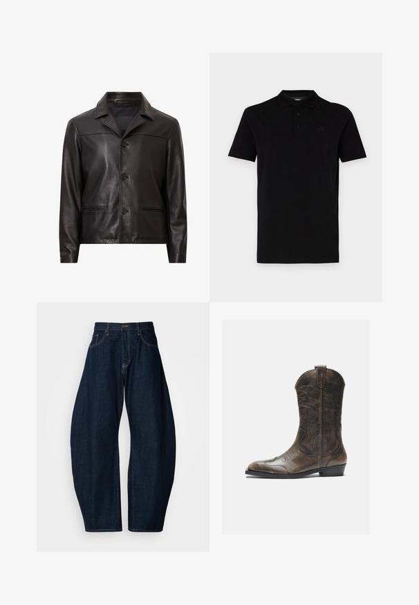 Zwarte leren jas met een kraag, sluiting met knopen aan de voorkant en twee zijzakken. Glad van textuur en een op maat gemaakte uitstraling met een moderne pasvorm.; Zwarte polo met korte mouwen, gemaakt van gladde stof. Voorzien van een klassieke kraag en een drieknops sluiting, met een subtiele logo op de borst.; Donkerblauwe denim jeans met een wijde broekspijpen ontwerp, met opvallende stiksels, vijf zakken en een messing knoopsluiting op de tailleband.; Bruine leren cowboylaars met een hoge schacht, spitse neus, ingewikkelde stikpatronen en een kleine hak. Gevarieerde afwerking overal.