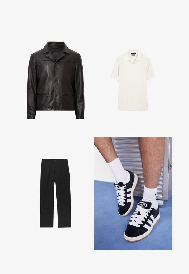 Zwarte leren jas met een kraag, sluiting met knopen aan de voorkant en twee zijzakken. Glad van textuur en een op maat gemaakte uitstraling met een moderne pasvorm.; Korte mouwen polo shirt in crème met geribbelde structuur en een vlakke kraag. Heeft een rechte zoom en een zachte stof voor comfort.; Zwarte broeken met een recht model, gemaakt van een gladde stof. Voorzien van een voorplooien en een enkele knoopsluiting bij de taille.; Zwarte suède sneakers met witte veters en drie witte strepen. Heeft een cirkelvormig zwart logo op de tong en een gumrubberen zool.