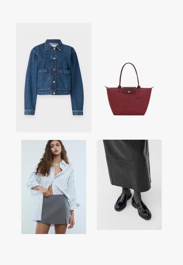 Jeansjacke in Dunkelblau mit kragen, zwei aufgesetzten Fronttaschen und silbernen Knopfverschlüssen. Strukturierter Stoff mit klassischem Design.; Weißes Baumwoll-T-Shirt mit kurzen Ärmeln und rundem Ausschnitt. Hat eine lockere Passform und ein minimales Design ohne Muster oder Akzente.; Junge Frau mit langen, lockigen Haaren, die ein weißes, gestreiftes Oversized-Hemd, einen grauen Minirock mit Schlitz vorne und eine sternförmige Halskette trägt.; Schwarze Lederloafers mit glatter Oberfläche, verziert mit einem dekorativen Riemen, runder Zehenpartie und texturierten Sohlen. Getragen mit einem langen schwarzen Lederrock.; Burgunderfarbige Tragetasche aus Nylon mit Lederakzenten, einem Druckverschluss und zwei robusten Trageriemen. Mit Logoschriftzug auf der Vorderseite.