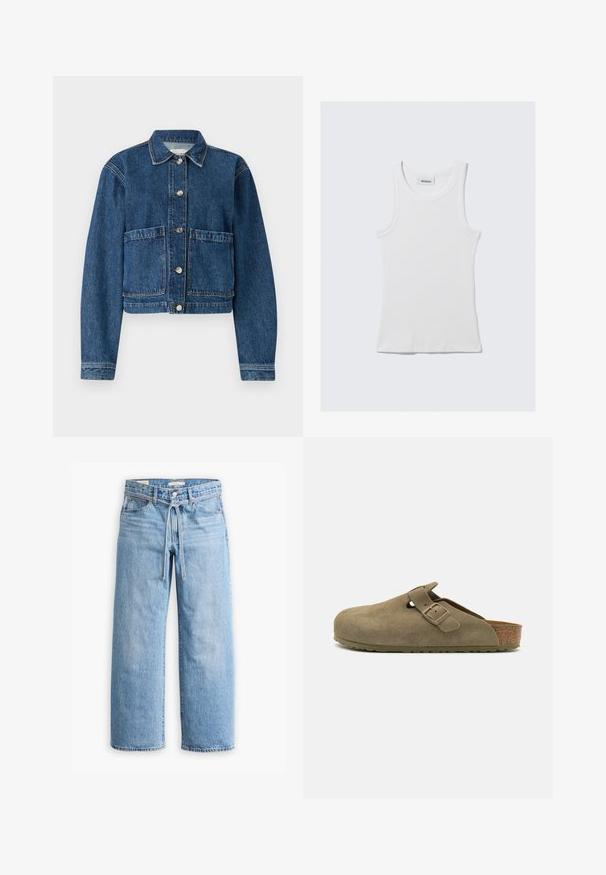 Denimjakke i mørkeblå, med krave, to forlommer og sølvfarvede knaplukninger. Struktureret materiale med et klassisk design.; Hvid bomulds tanktop med ribbet tekstur, ærmeløst design og rund halsudskæring. Har et mærke ved halsen med teksten "WEEKDAY."; Lysblå denim bukser med vid ben, høj talje, knap- og lynlåslukning samt snoretræk i taljen. Raflet kant.; Oliven grøn suede klip klapper med rund tå, justerbar rem og kork mellemsål. Tekstureret gummisål for greb og støtte.