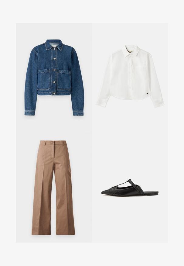 Jeansjacke in Dunkelblau mit kragen, zwei aufgesetzten Fronttaschen und silbernen Knopfverschlüssen. Strukturierter Stoff mit klassischem Design.; Weißes, kurzes Langarmhemd aus Baumwolle. Verfügt über eine durchgehende Knopfleiste, eine Brusttasche und ein kleines schwarzes Logo unten links.; Braune weite Hose aus einem glatten Stoff, mit einem Knopfverschluss vorne, zwei Fronttaschen und klaren, maßgeschneiderten Linien.; Schwarzer Leder-Slingback-Schuh mit spitzem Zehenbereich, ausgestattet mit einem geflochtenen Akzent und einem gefalteten Oberdesign. Flache Sohle mit minimalem Zubehör.