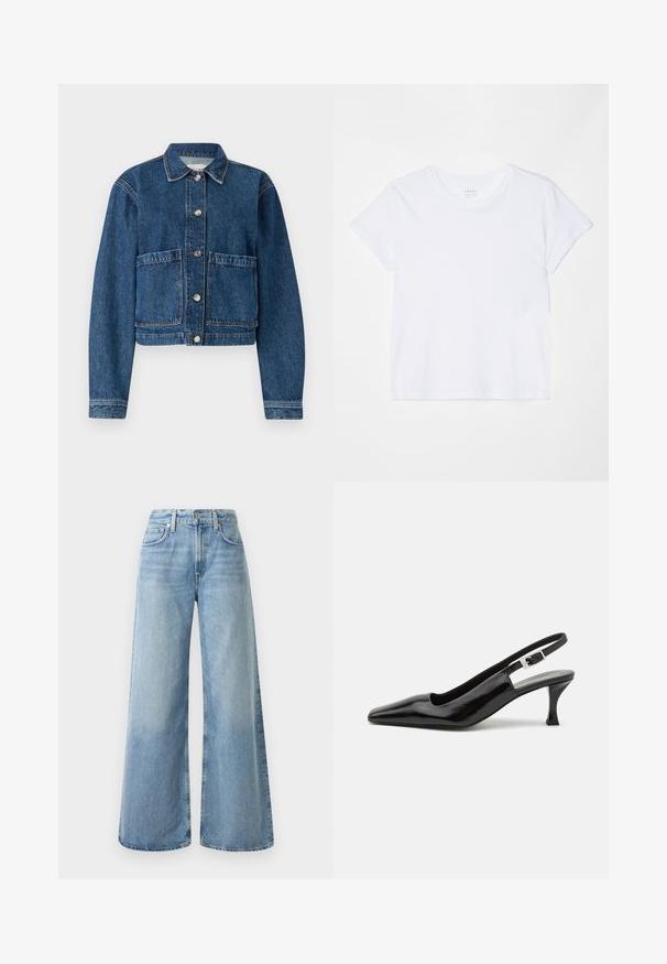 Denim jakna v temno modri barvi, z ovratnikom, dvema sprednjima žepoma in srebrnimi gumbi. Tekstura tkanine z klas predstavlja klasičen dizajn.; FRAME BABY TEE - Navadna majica - white; Svijetloplavi traper široki traperice s visokim strukom, s četiri džepa, zatvaranjem na dugme i suptilnim izbljeđivanjem na tkanini.; Črne lakirane slingback visoke pete z ostrim nosom in srebrno zaponko na peti, z gladkim, sijajnim zaključkom.