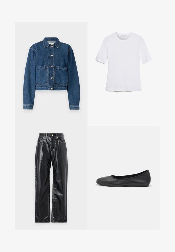 Jeansjacke in Dunkelblau mit kragen, zwei aufgesetzten Fronttaschen und silbernen Knopfverschlüssen. Strukturierter Stoff mit klassischem Design.; Weißes kurzärmliges T-Shirt aus geripptem Stoff. Runder Halsausschnitt, normale Passform und dezente Nähte. Keine Muster oder Grafiken.; Schwarze Kunstlederhosen mit weitem Schnitt, ausgestattet mit weißen Nähten, frontalen Taschen und einem goldenen Knopf am Bund.; Schwarze Leder-Ballettschuhe mit abgerundeter Spitze, glatter Textur, minimalen Nähdetails und einem flexiblen Sohlen-Design.