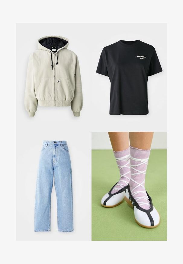 Capuchon ritsjack in lichtbeige katoen; gewatteerde zwarte binnenkant, verstelbare trekkoorden, twee voorkruiingen en elastische manchetten.; Zwarte katoenen t-shirt met een ronde hals en korte mouwen. Kenmerkt zich door een wit grafisch logo op de linker borst.; Hogewaisted lichtblauwe denim jeans met rechte wijde pijpen, voorste knoop, ritssluiting en voor- en achterkant zakken.; Witte platte schoenen met een zwarte bies en zool, gecombineerd met lichtpaarse geribde sokken met witte kruislings banden. Geplaatst op een groene achtergrond.