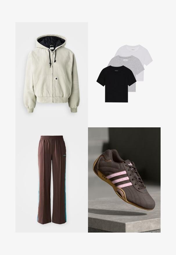 Kapucnis cipzáras dzseki világos bézs színű pamutból; steppelt fekete béléssel, állítható zsinórokkal, két elülső zsebbel és rugalmas mandzsettákkal.; Három rövidujjú póló készlet fekete, szürke és fehér színben. Pamutból készült, kerek nyakú, egyszerű, egyszínű dizájnnal.; Barna sportnadrág bordázott textúrával, rugalmas derékpánttal és türkiz oldalsávokkal. Az elején az adidas logóval rendelkezik.; Barna velúr sportcipő rózsaszín csíkokkal és logóval, texturált felsőrésszel, fűzős záródással és gumi talppal.