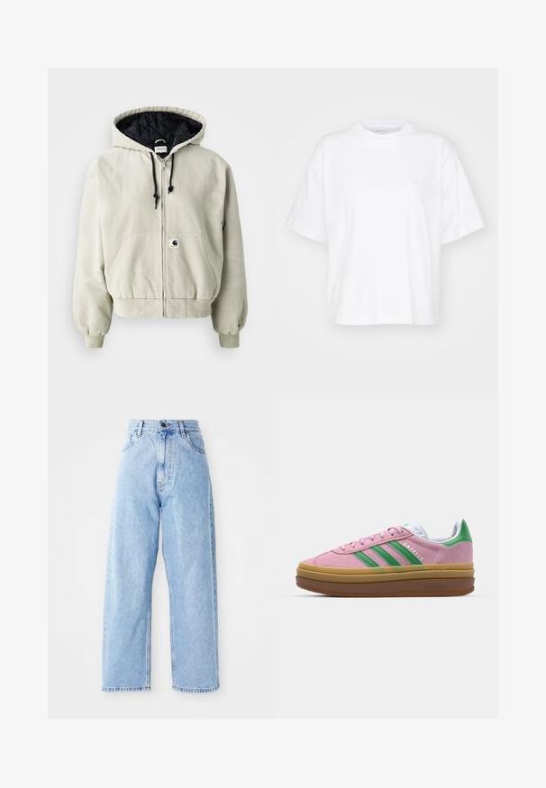 Capuchon ritsjack in lichtbeige katoen; gewatteerde zwarte binnenkant, verstelbare trekkoorden, twee voorkruiingen en elastische manchetten.; Witte katoenen t-shirt met een ronde hals, korte mouwen en een ontspannen pasvorm. Heeft een subtiel logo op het linkerborstgedeelte. Zachte textuur.; Hogewaisted lichtblauwe denim jeans met rechte wijde pijpen, voorste knoop, ritssluiting en voor- en achterkant zakken.; Roze suede sneakers met groene strepen, witte accenten en een bruine rubberen zool. Heeft een gestructureerde stof en logodetails aan de zijkant.