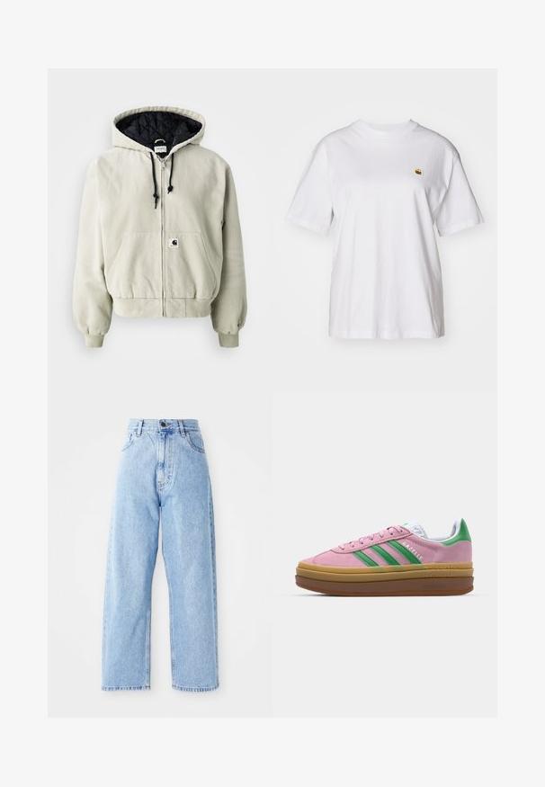 Veste zippée à capuche en coton beige clair ; intérieur matelassé noir, cordons de serrage réglables, deux poches avant et poignets élastiques.; T-shirt en coton blanc avec une coupe décontractée, des manches courtes et un petit logo brodé sur la poitrine gauche.; Jeans en denim bleu clair taille haute avec des jambes droites larges, fermeture à bouton à l'avant, fermeture éclair et poches avant et arrière.; Baskets en daim rose avec des rayures vertes, des accents blancs et une semelle en caoutchouc brun. Comportent un tissu texturé et un détail de logo sur le côté.