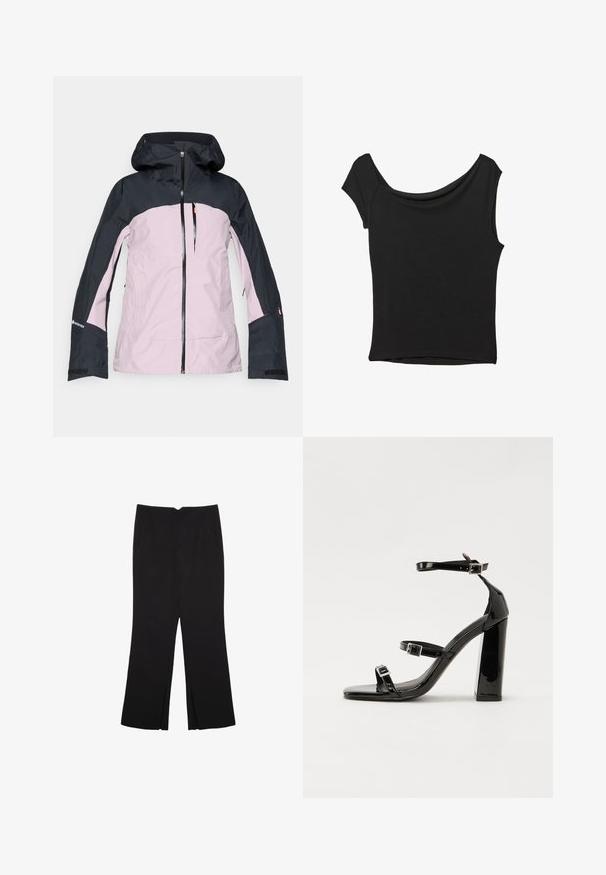 Hooded outdoor jacket in pink and black with front zipper, zippered chest pocket, and Gore-Tex logo on the sleeve.; Black short-sleeve top made of smooth fabric; features a draped neckline and an asymmetrical hemline, with a fitted body.; Black trousers with a straight fit, featuring front pockets and side slits at the hem. Made of soft, smooth fabric. Suitable for various occasions.; Black patent heeled sandals with a square toe, ankle straps, and silver buckles. Features a chunky block heel for stability.