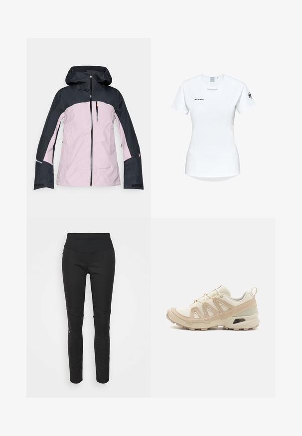 Hættejakke til udendørs brug i pink og sort med frontlynlås, lynlåslomme på brystet og Gore-Tex-logo på ærmet.; Kortærmet hvid sportsshirt med rund hals, prydet med et logo på brystet og en glat, let stofstruktur.; Sorte atletiske leggings med høj talje, glat tekstur, logo-detalje og sidelæns paneler for ekstra visuel interesse.; Beige og creme atletiksko med struktureret mesh-overdel, støttende overlays og gummiyderside med et mønster for trækkraft.